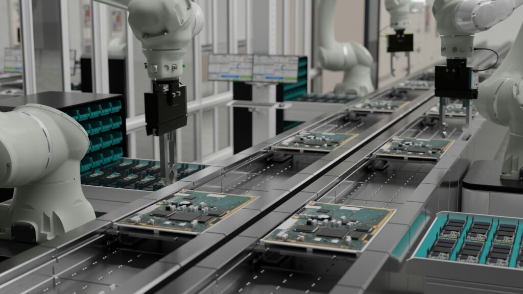 Automatisiertes Fließband, an dem einige Roboterarme arbeiten